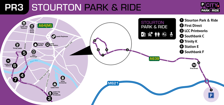 Map of Stourton Park and Ride route