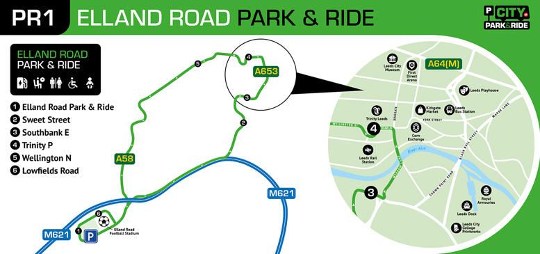 Elland Road Park and Ride route map